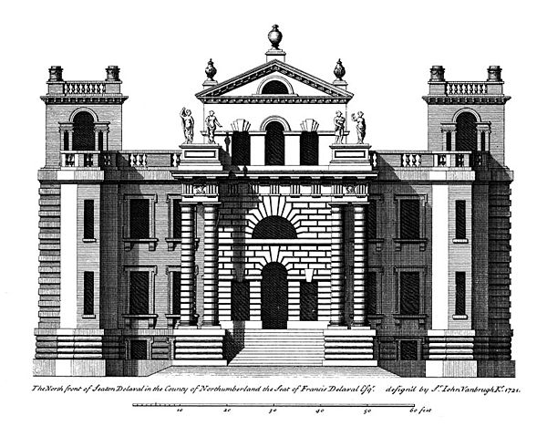 Central block drawn before completion, as Vanbrugh envisaged the house. The statues on the pediments were never executed. Engraving by Colen Campbell,