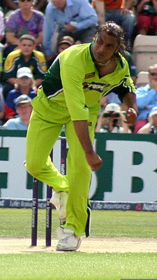 Pakistani Shoaib Akhtar holds the world record for delivering the fastest ball (161.3 km/h (100.2 mph)). Shoaib Akhtar.jpg