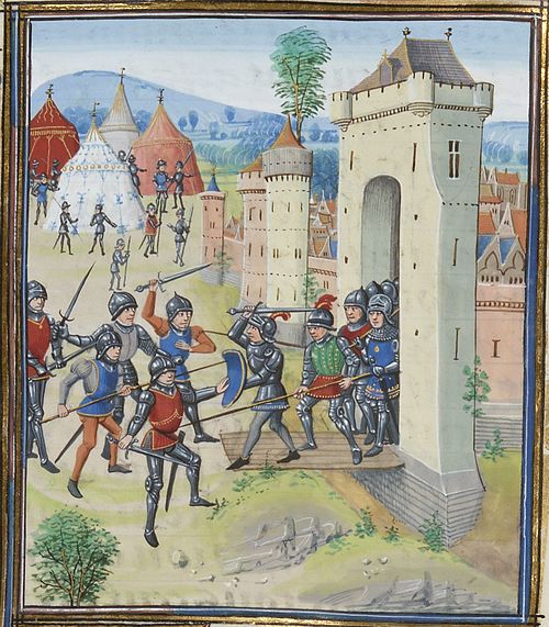 A medieval town under assault; miniature from a chronicle by Jean Froissart