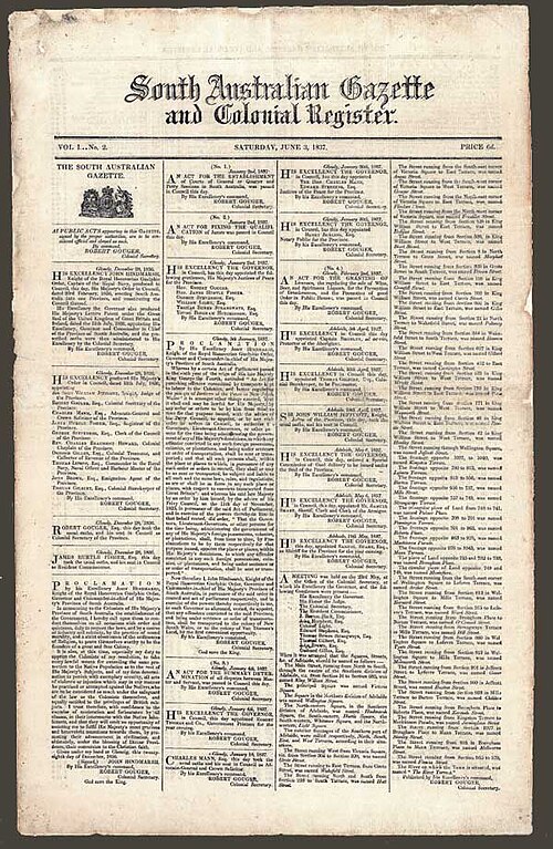 Front page of Vol 1, No 2 (3 June 1837) of the South Australian Gazette and Colonial Register.