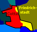 Grenzen des statistischen Stadtteils Cotta (schwarz), der sich über Teile der Gemarkungen Cotta (rot) und Friedrichstadt (gelb) erstreckt