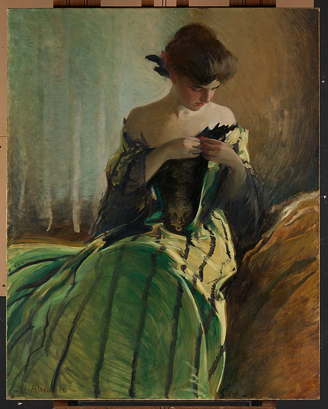 Pierre Carrier-Belleuse | Young beauty in a pale green gown (1899) |  MutualArt