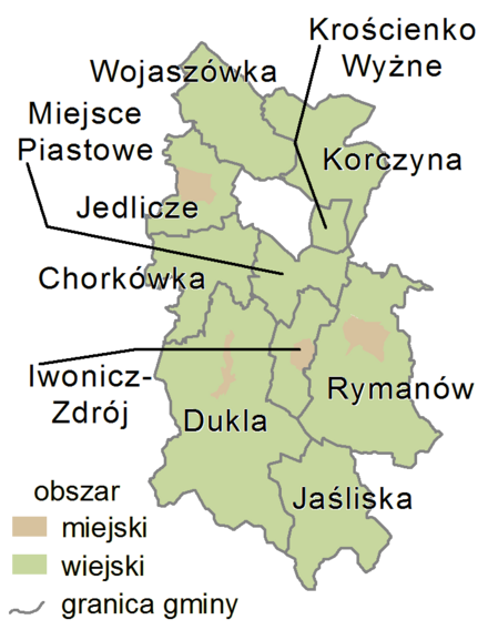Carte du powiat (partie urbaine en marron et rurale en vert)