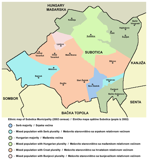 Etnische kaart van de gemeente Subotica met de plaatsen met een Hongaarse meerderheid