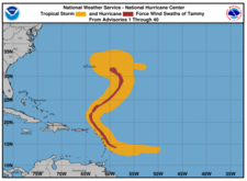 Wind field history of Tammy from October 18-29. Despite its close proximity to the Leeward Islands, hurricane-force winds did not generally affect the area due to the cyclone's small size. Tammy 2023 wind history.png