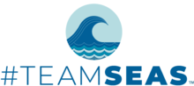 Rundes Wellen-Logo; Darunter steht in blau der Schriftzug #TEAMSEAS
