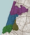 نقشه امروزی محدوده شهرداری «تل آویو-یافا»، مناطق سبز رنگ، محدوده شهر یافا را نشان می‌دهد.