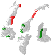 Map showing the involved municipalities. Red municipalities are directly involved, while the green have had similar products from Terra Securities Terra-skandalen.SVG