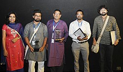Film crew at IFFI (2017) The Director, Amartya Bhattacharya, Producer, Swastic Chowdhary, Actor, Sushant Misra, Actor Dipanwit Dashmohapatra and the Executive Producer & Actor, Shyamalal Dutta, at the Presentation of "Khyanikaa" (NF).jpg