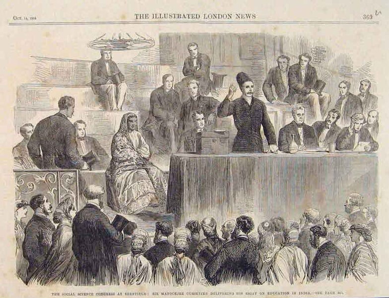 File:The Social Science Committee at Sheffield Sir Manockjee Cursetjee delivering his essay on education in India from the Illustrated London News 1865.jpg