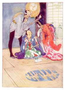 Ko-Ko reveals that when a man is beheaded, his wife is buried alive: from Gilbert's children's book The Story of the Mikado. Art by Alice B. Woodward. The Story of the Mikado - Frontispiece.png