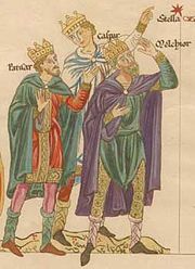 The three Magi (named Balthazar, Caspar and Melchior), from Herrad of Landsberg's Hortus deliciarum (12th century) The three Magi (Balthasar, Caspar, Melchior).jpg