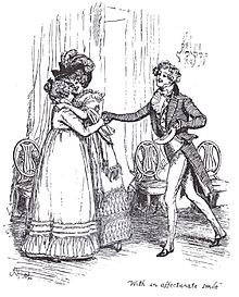 Engraving. Mrs Bennet warmly welcomes her daughter and son in law.