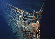 The bow of the wrecked RMS Titanic, photographed in June 2004 Titanic wreck bow.jpg