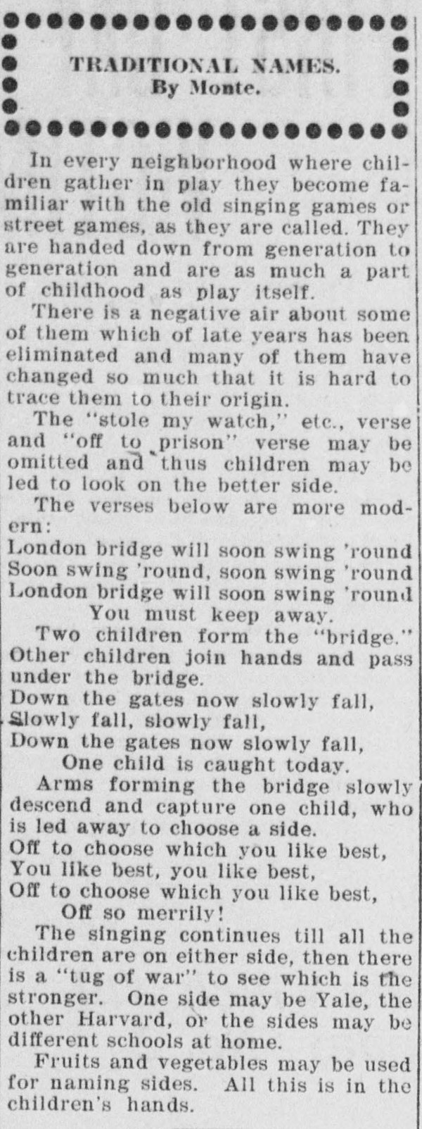 This 1904 column from The Tacoma Times describes various alternate verses and their accompanying gestures