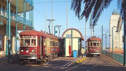 Two trams wait at the Moseley Square terminus prior to the reconfiguration of the stop Trams at Glenelg.jpg