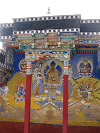 Image result for Courtyard mural (left), Tara shrine (centre), Protector deity shrine (right)