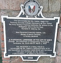 Unibersidad de Santa Isabel, Naga City Historical Marker