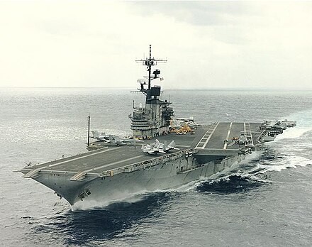 USS Coral Sea making a high-speed run in 1989