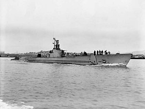 Sunfish (SS-281) is shown in the Mare Island Channel in 1945.