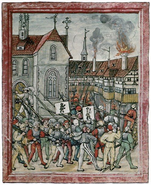 Appenzell and St. Gallen troops attack Mariaberg Monastery in Rorschach. Amtliche Luzerner Chronik, 1513