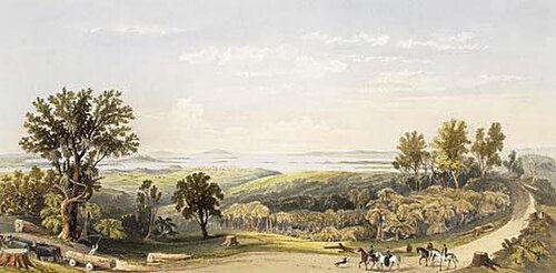 Watercolour of Howick village and the Waitematā Harbour in 1862