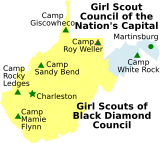 Mapa de West Virginia com municípios que mostram as diferentes menina Conselhos de Escoteiros