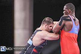 Wrestling at the 2020 Summer Olympics – Men's Greco-Roman 130 kg – Mirzazadeh vs López (20).jpg