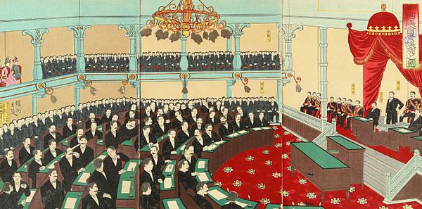 The House of Peers in session with Emperor Meiji giving a speech. (Ukiyo-e woodblock print by Yōshū Chikanobu, 1890)