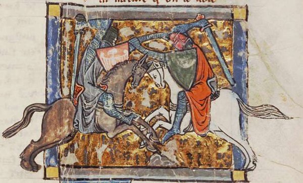 Yvain fighting Gawain in order to regain the love of his lady Laudine. Medieval illumination from Chrétien de Troyes's romance, Yvain, le Chevalier au