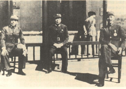 The three principals involved in the Xi'an Incident: Chang Hsüeh-liang, Yang Hucheng, and Chiang Kai-shek (photo taken 2 months before the incident)