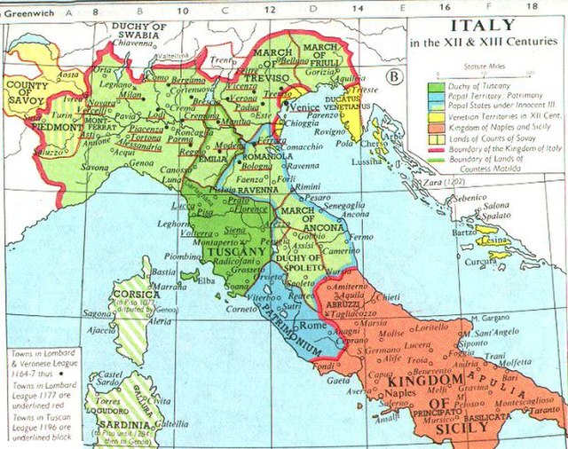 Medieval Kingdom of Italy, outlined in red, in the 12th and 13th centuries