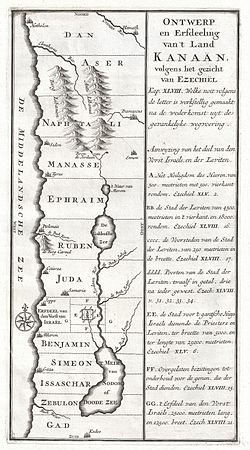 A map of ancient Israel, most likely drawn by the Dutch engraver Schryver in 1729, showing Israel from Hethelon in the north to Kades, just south of the Dead Sea, mostly drawn from the Book of Ezekiel, describing the region. 1729 Schryver Map of Israel showing 12 Tribes - Geographicus - Israel-schryver-1729.jpg