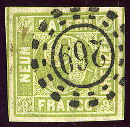 Bavarian stamp with a "269" postmark of Landshut 1851 Bayern 9kr Mi5c 269 File0152.jpg