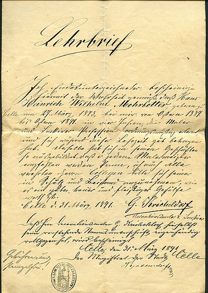 File:1891-03-31 Lehrbrief für Maler und Lackierer Hans Heinrich Wilhelm Mohrbotter von Dekorationsmaler G. Kricheldorf und der Magistrat der Stadt Celle, 01.jpg