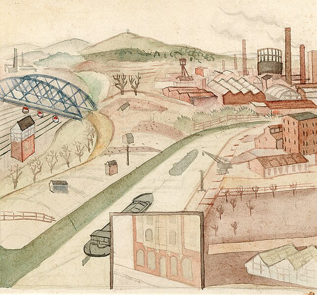 File:1928-1930 circa Friedrich Busack Aquarellmalerei "Landschaft mit Kanalbrücke", collageartig komprimierter Blick über den Lindener Hafen in Hannover.jpg