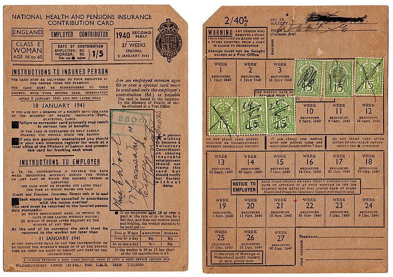 File:1940 British National Insurance card for an employed woman.jpg