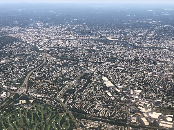 Clifton viewed from above. The Garden State Parkway is visible on the left, with the Passaic River in the upper right and New Jersey Route 3 near the 