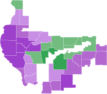 Results by county
Miller
50-60%
60-70%
70-80%
Davis
50-60%
60-70% 2022 Republican primary in Illinois' 15th congressional district by county.svg