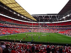 An overview of Wembley Stadium as players warm up for the 2023 Challenge Cup Final.