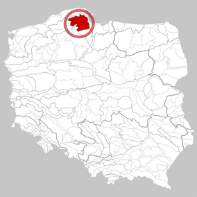 Kort der viser placeringen af Kasjubiske sødistrikt Pojezierze Kaszubskie