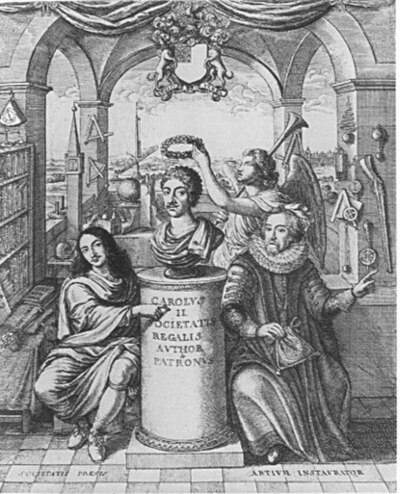 Frontispiece to A History of the Royal Society, showing the crowning of King Charles II. Sir Francis Bacon is shown on the right; William Brouncker, 2