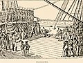 A sketch at the back of a sailing ship's top deck, showing a man tied up on a grate to be flogged for desertion; to the left overlooking the scene from the deck above are Marines in line with bayonets; crowded to the right are the ship's crew mustered to watch the punishment being administered.