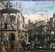 Vittore Carpaccio, Miracle of the Relic of the Cross at the Ponte di Rialto, c. 1496 Accademia - Miracle of the Holy Cross at Rialto by Vittore Carpaccio.jpg