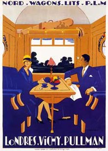 1927 advert by Jean Raoul Naurac promoting the Londres-Vichy Pullman service. Affiche Londres Vichy Pullman.jpg