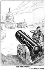 Anti-union cartoon in monthly magazine The American Employer depicting the AFL as a cannon aimed at a government building, 1914 Afl too powerful american employer.jpg