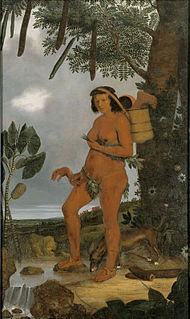 Tapuia woman holding a severed human hand and showing a human leg in her basket. By the Dutch painter Albert Eckhout, Brazil, 1641. Albert Eckhout Tapuia woman 1641.jpg