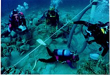 Four divers explore a shipwreck