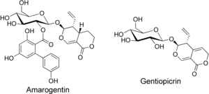 Amarogentin and gentiopicrin, the bitter glycosides from gentian root Amarogentin gentiopicrin.png