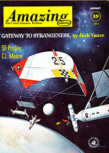 Vance's novella Gateway to Strangeness was the cover story in the August 1962 issue of Amazing Stories, illustrated by Alex Schomburg. Under the title Dust of Far Suns, it became the title piece in a Vance story collection in 1981